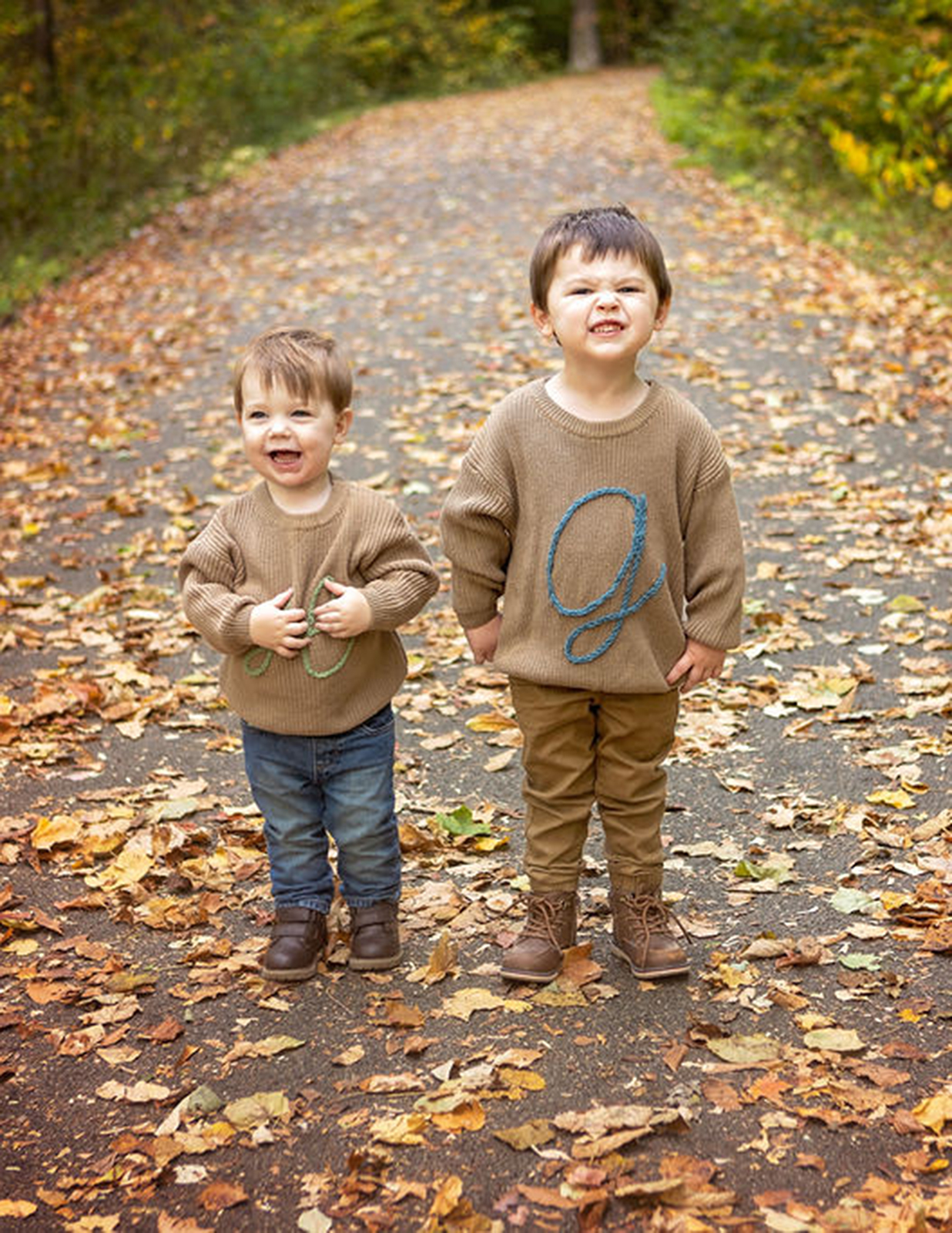 Two young boys during a fall portrait session with colorful leaves in Hilliard, Ohio